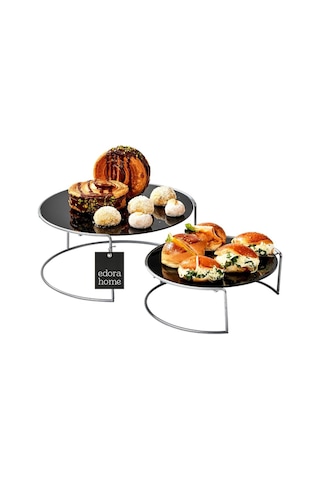 Gümüş Sunumluk 2'li Büyük Boy Metal Sunumluk Hediyelik Dekorasyon İkramlık / Siyah Pleksi / Paslanmaz