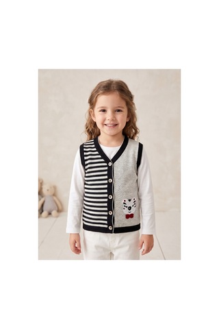 Deniva Kids Unisex Çocuk Çizgili Ve Ayıcık Figürlü Düğmeli Triko Süveter Yelek - Bej 1 Yaş