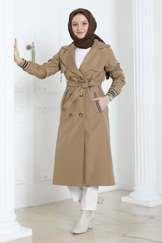 Bondit Kumaş Ribanalı Uzun Boy Trençkot / Açık Kahve - M0110 Açık Kahve Kahverengi
