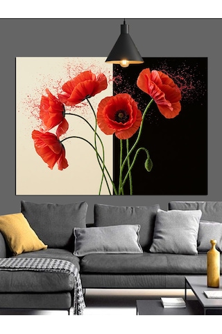 Kırmızı Haşhaş Çiçekleri Sapları Dekoratif Kanvas - Mdf Ahşap Tablo