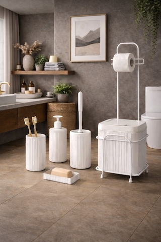 Decorev 6'lı Banyo Seti Metal Standlı Beyaz Ahşap Desenli Tuvalet Wc Kağıtlık Seti