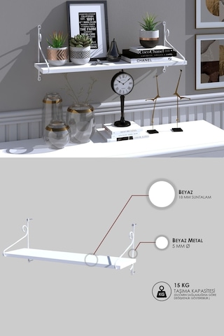 Decormet Seramoni Raf Seti 1 Raflı 200 720 Metal Beyaz+ahşa Beyaz