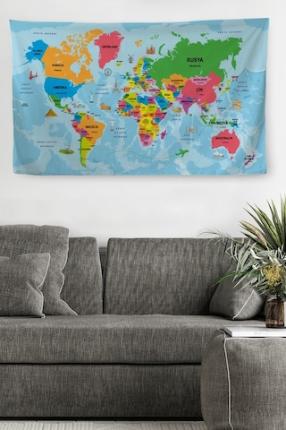 Harita Sepeti Duvar Örtüsü Halısı Detaylı Güncel Türkçe Dünya Haritası Kaliteli Kanvas Kumaş-3976-65 X 40