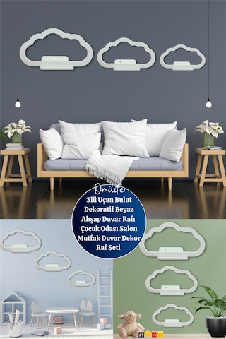 3lü Uçan Bulut Dekoratif Beyaz Ahşap Duvar Rafı Çocuk Odası Salon Mutfak Duvar Dekor Raf Seti Diğer