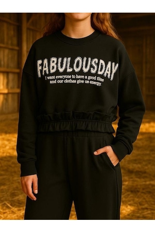 Kız Çocuk 3 İplik Beli Fırfır Detaylı Oversize Tasarım Eşofman Takımı-16171 Siyah