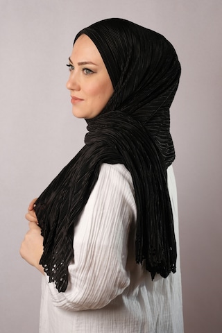 Siyah Pratik Hazır Geçmeli Tesettür Eşarp Fukuro Piliseli Çiçek D Siyah