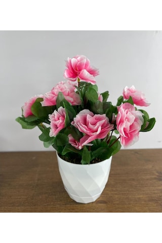 Yapay Çiçek Beyaz Saksıda Pembe Açelya Dekoratif Masa Çiçeği