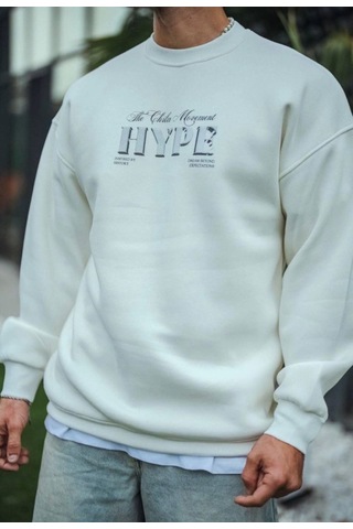 Modi Üç İplik Bisiklet Yaka Baskılı Sweatshirt - Beyaz Açık Kahverengi - Beyaz