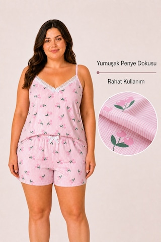 Bravie Kadın Büyük Beden İp Askılı Yakası Dantelli Pembe Kiraz Desenli Yazlık Pijama Takımı