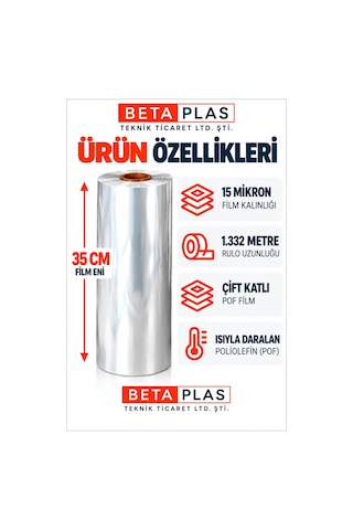 BETAPLAS POF Shrink Film 35 cm x 15 Mikron – 1.332 Metre – Çift Katlı-Isıyla Daralan Ambalaj Filmi