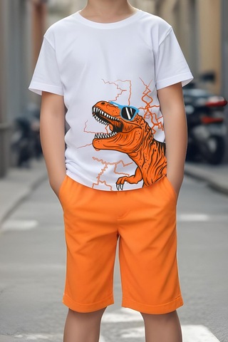 Fyk Kids Gözlüklü Dinazor Baskılı Erkek Çocuk Alt-Üst Takım - Turuncu