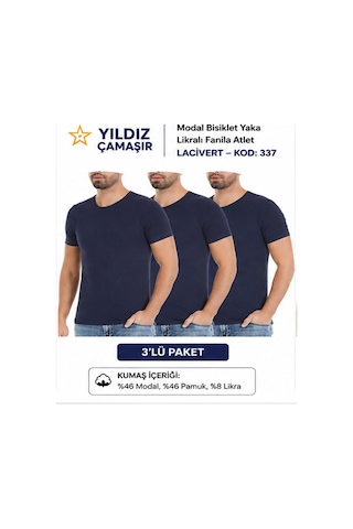 Yıldız Çamaşır Erkek Modal Bisiklet Yaka Likralı Fanila Atlet 335-336-337-338 - 3 Adet Lacivert