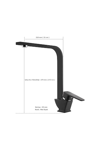 Tema Kare Slim Tek Gövde Kuğu Evye Mutfak Bataryası Mat Siyah