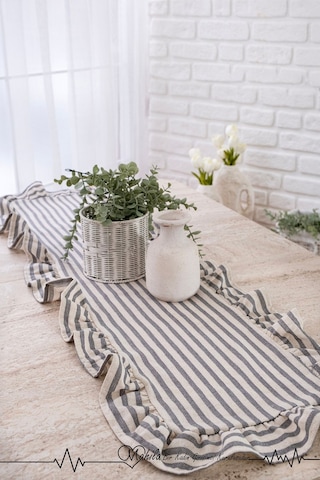 Gri Çizgili 40x125 Şık Tasarım Ekstra Büyük Fırfırlı Runner, %100 Keten Runner Bej