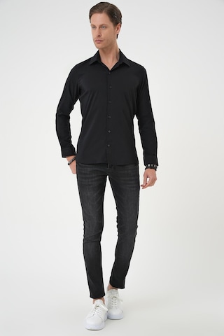 Efor Slim Fit Erkek Yaka Esnek Pamuk Klasik Beyaz Siyah Gömlek Gk 737 Siyah