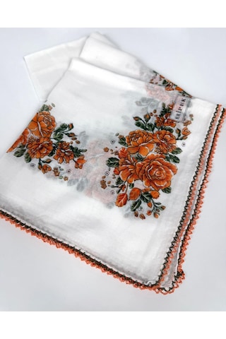 Eripek Oyalı Organik Pamuklu Yazma- 06083 Beyaz-turuncu