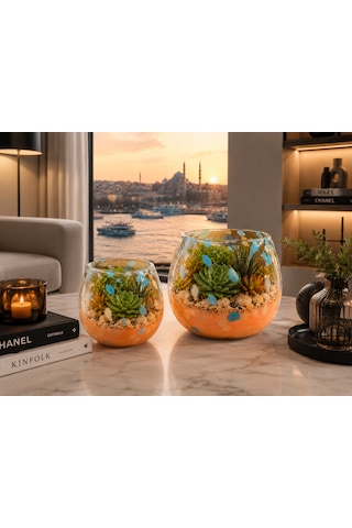 2 Li Üfleme Cam Teraryum Saksı Seti Turuncu Mavi Benekli Dekoratif Cam Kase Vazo 15x13 Cm Ve 18x17 Cm