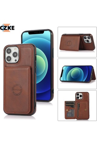 Iphone 13 Pro Max Uyumlu Kart Bölmeli Cüzdanlı Deri Kılıf Kahverengi