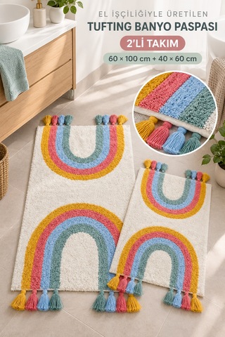Alanur Bodrum Tufting Gökkuşaği Cotton Pamuklu El Işi Örgülü 2 Li Paspas Set Renkli