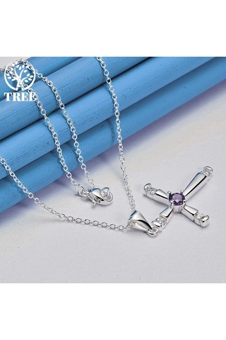 925 Ayar Gümüş Yuvarlak Aaa Zirkon Çapraz Kolye Kolye Takı