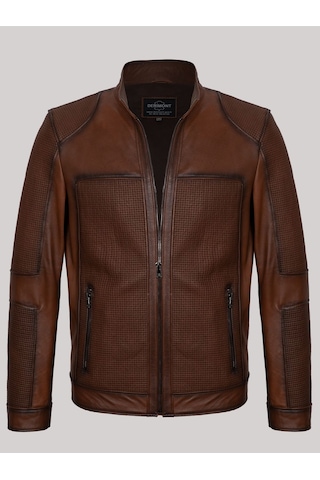 Hakiki Kuzu Derisi Fermuarlı İşlemeli Erkek Deri Mont Taba Taba