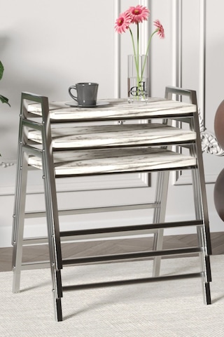 Zigon Sehpa , Aden 3'lü Tepsi Zigon Sehpa Takımı Gümüş Metal - Beyaz Mermer Tabla Gümüş-beyaz Mermer