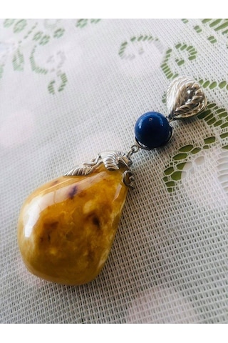 Doğal Kaya Damla Kehribar Lapis Lazuli Taşlı Kolye Ucu 28,8 Gram