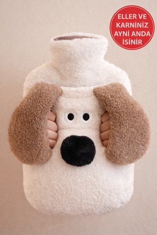 Beyaz Gromit Figürlü Eldivenli Sıcak Su Torbası Peluş Kılıflı, Karın El Isıtıcı Renkli