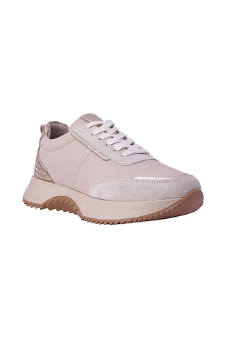 Hobby Ayakkabı Hobby Kadın Hakiki Deri Leopar Detaylı Kalın Tabanlı Sneaker Ayak Bej