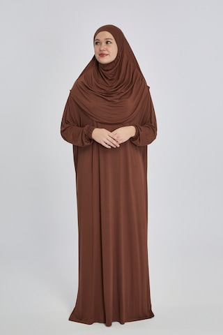 Pratik Başörtülü Rahat Giyilebilen Organik Tek Parça Namaz Elbisesi Çikolata