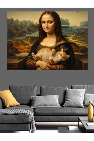 Kedi Tutan Mona Lisa Versiyonu Dekoratif Kanvas - Mdf Ahşap Tablo