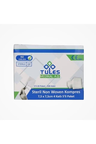 Tules Steril Non Woven Kompres 7,5 Cm X 7,5 Cm 4 Katlı 5 Li Zarf 100 Lü Kutu - 12 Kutu