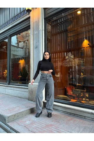 Kene Jeans Füme Yan Tokali Geniş Kesim Baggy Bol Paça Kot Jeans Pantolon Füme