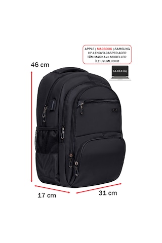 Dada 04 Siyah Laptop Sırt Çantası 14-15,6 İnç Usb Aparat Ortopedik Sırt Darbe Emici Koruma