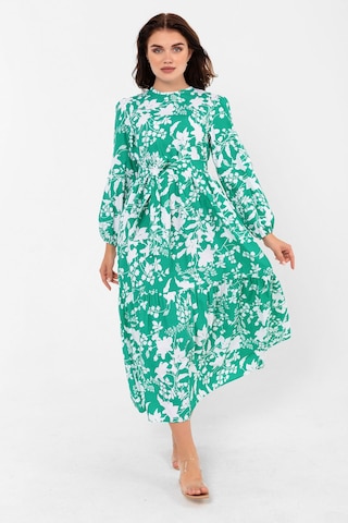 Yaprak Desenli Renkli Pamuklu Yazlık Baharlık Kuşaklı Elbise 2101 Yeşil