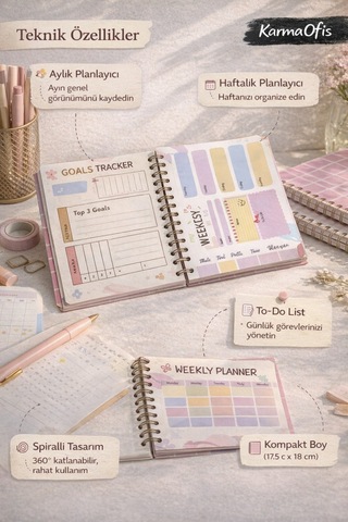 Pembe Kareli Kiraz Desenli Spiralli Tarihsiz Planner Haftalık & Aylık Planlayıcı Defter, 17.5x18 Cm Diğer