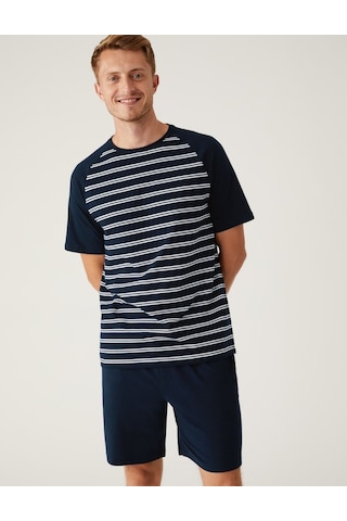 Marks & Spencer Saf Pamuklu Kısa Kollu Pijama Takımı T07000004 Lacivert