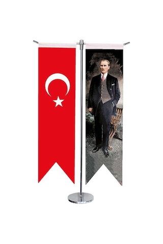 Masa Üstü Kırlangıç Atatürk + Türk Bayrağı + Krom T Direk Masa Ba