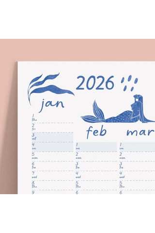 2027 Yıllık Planlayıcı Duvar Takvimi, Deniz Kızı Ve Okyanus Sanatı, Kobalt Mavi Takvim, 2027 Duvar T