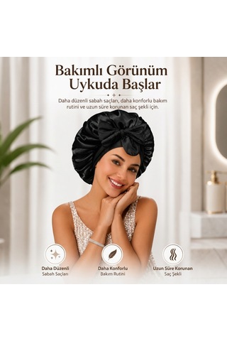 Ayarlanabilir Saç Bakım Bonesi İpek Saten Uyku Bonesi Tek Katlı Bandana Siyah