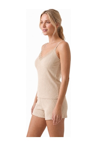 Cottonill Premium - Neat Collection Bej Dantel Detaylı Rib Dokulu Modal Viskon Kadın Şortlu Pijama Takımı