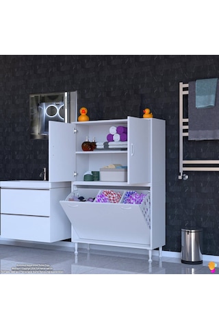 Modilayn İlkim 90 X 138 X 32,5 Cm' Lik Kapak İçi Çift Raflı, Üç Akıllı Çamaşır Sepetli Dolap Beyaz