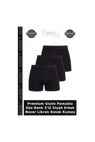 Astrid T Premium Giyim Pamuklu Düz Renk 3'lü Siyah Erkek Boxer Likralı Esnek Kumaş
