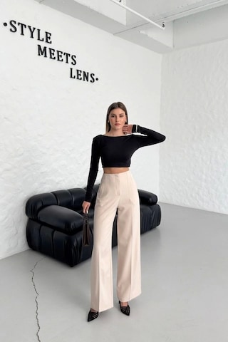 Defymoda Yüksek Bel Pensli Palazzo Pantolon Bej