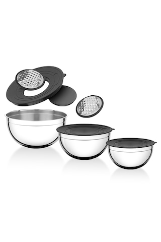 Hascevher 9 Pcs Saklama Ve Karıştırma Seti Rendeli 16/20/24 Renk: Siyah Çelik - Siyah