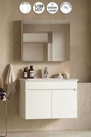Lotus 75 Cm Beyaz Mdf Seramik Lavabolu Asma Banyo Dolabı Takımı