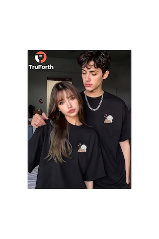Nevermind Sevgili Kombin Tişörtü Sevimli Karakter Baskılı Unisex Oversize Ç Siyah