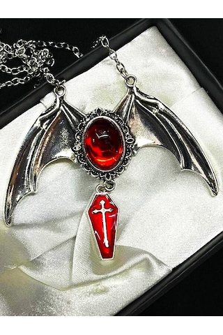Dükkan Design Gotik Bat Cross Tabut Kolye Gümüş - Gri - Siyah