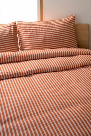 Turuncu Çizgili Keten Nevresim Yastık Seti 200x220 Cm Renkli