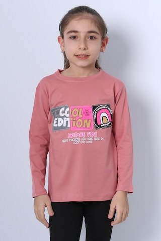 Hçm Kız Çocuk Uzun Kollu Tshirt 4 Mevsim Bisiklet Yaka Cool Edition Baskılı D45 Pudra